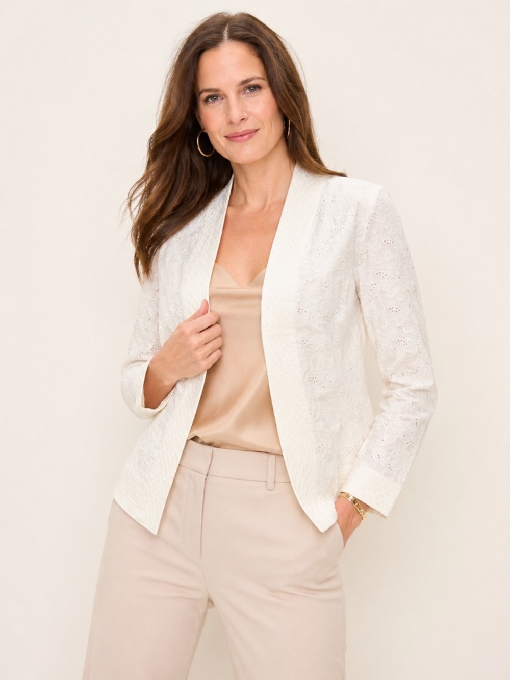 Carole Little Ivory Linen Embroidered Jacket S Open Front Floral Eyelet Blazer